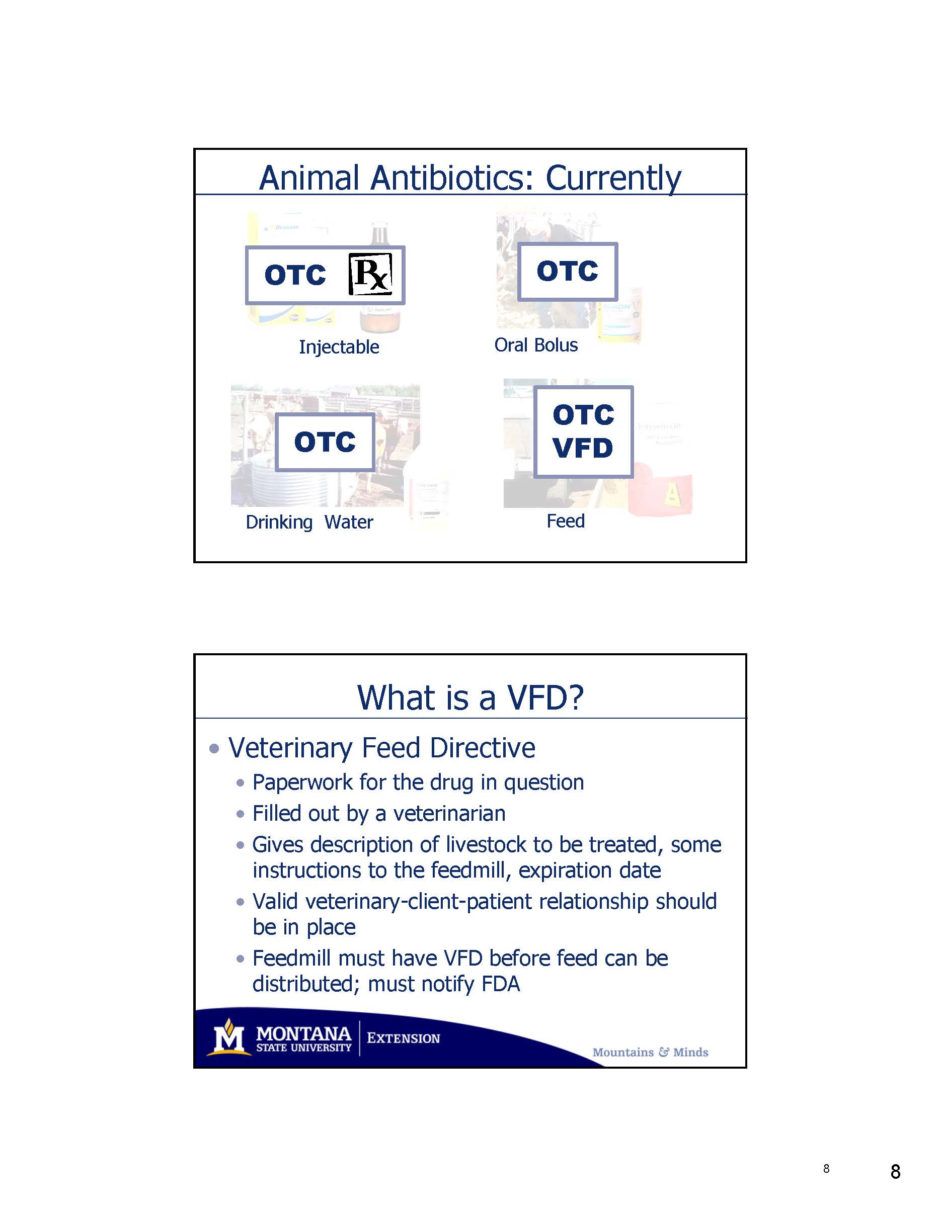 Slides showing basic information about the veterinary feed directive and the changes in the use of feed grade antibiotics for livestock.