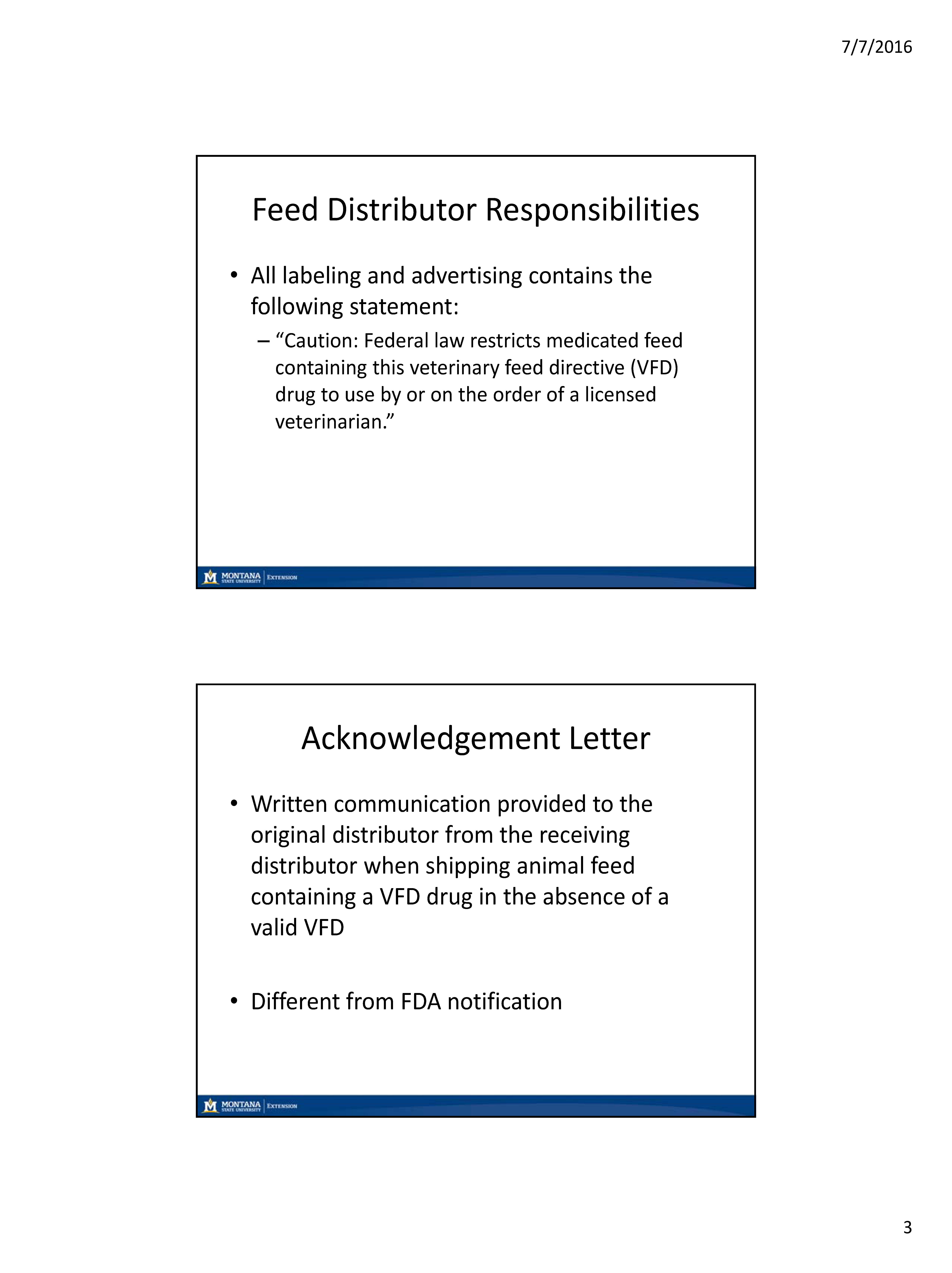 Slides used in the VFD short course regarding Feed Distributor Responsibilities, Minor Species, 4‐H,and Other Questions.