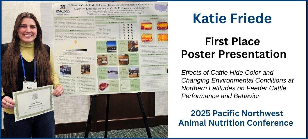 A female student researcher holds an award next to her first-place research poster