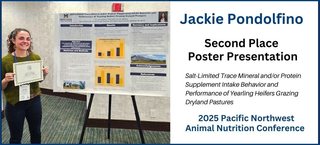 A female student researcher holds an award next to her second-place research poster