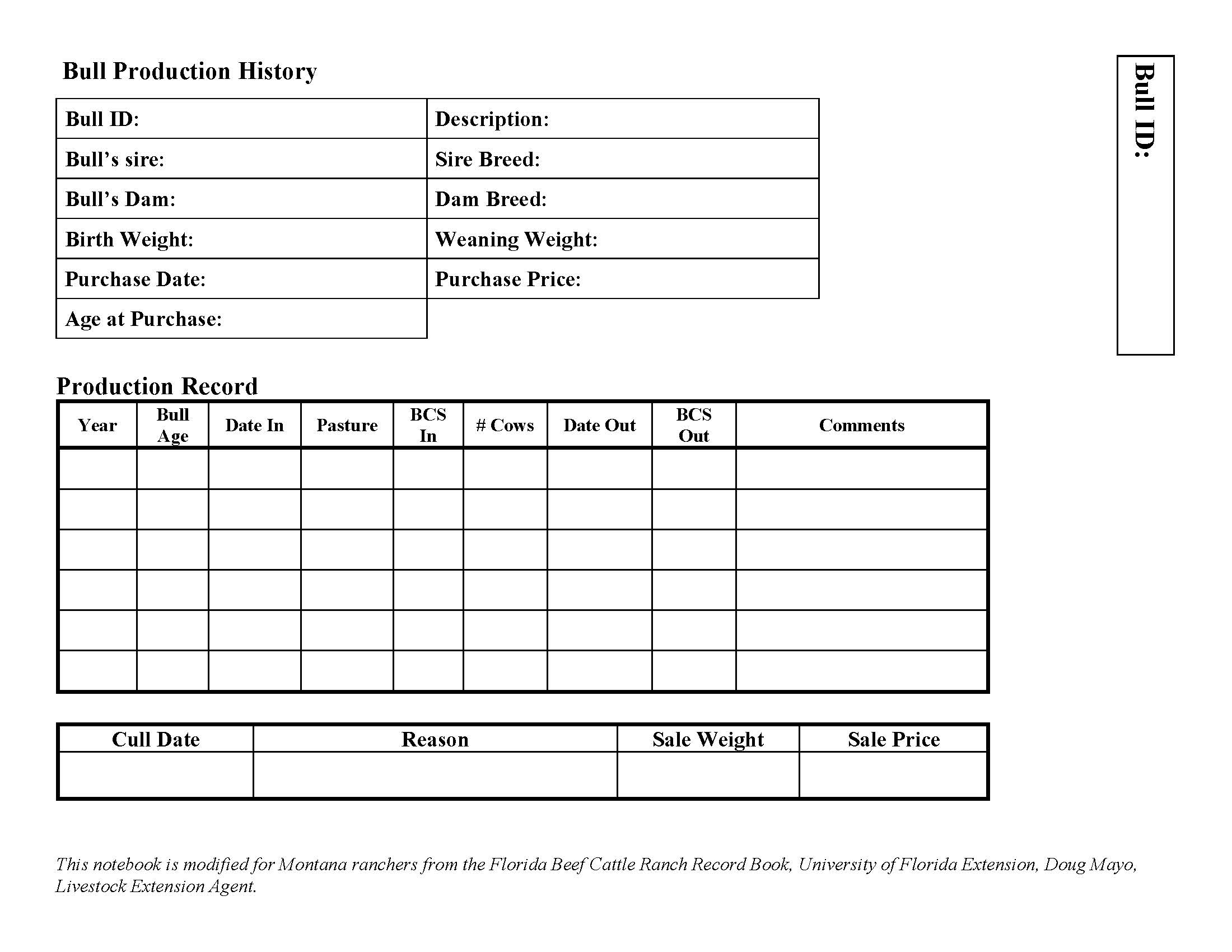 A sample table to keep records on bull production history. Used in the rancher notebook.