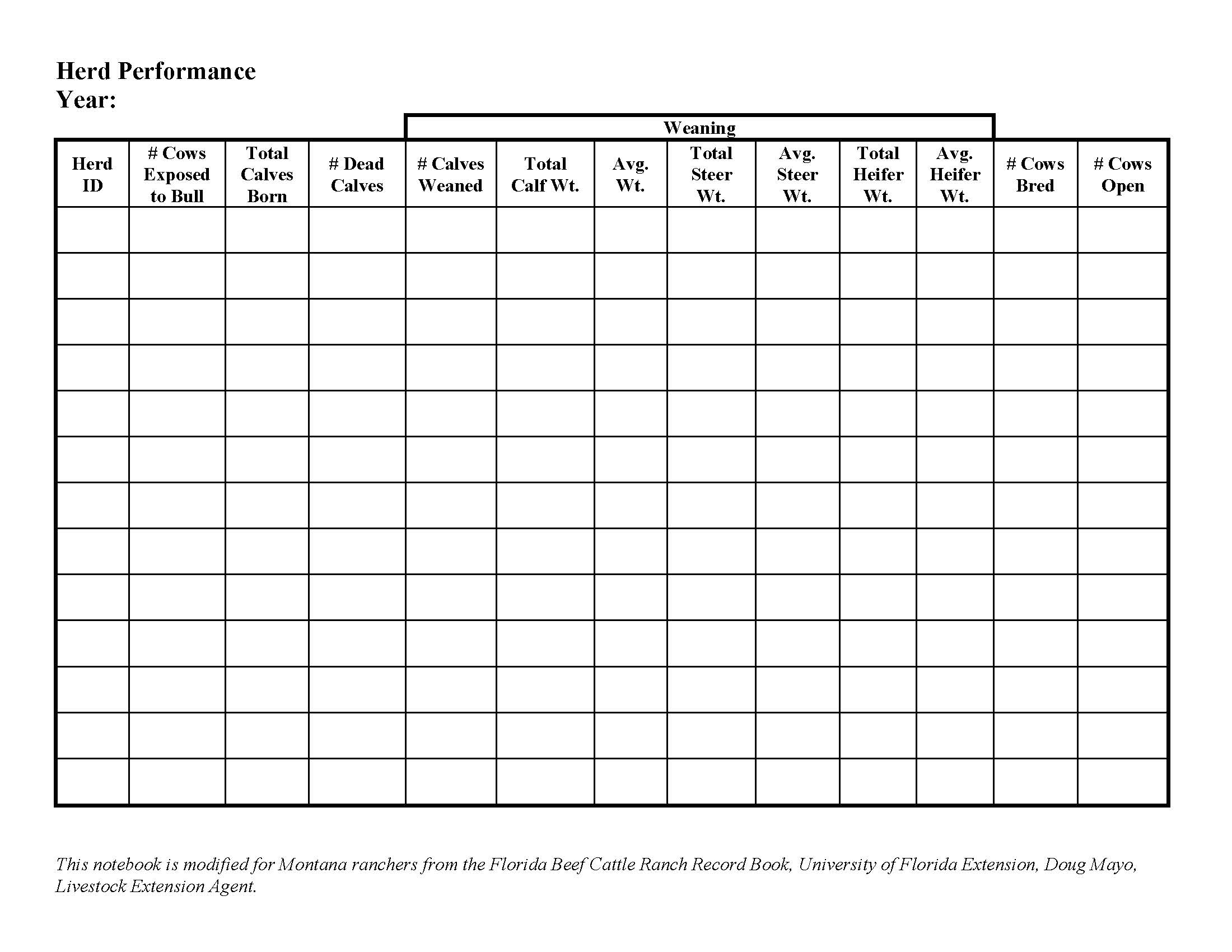 A sample table for keeping records on herd performance. Used in the rancher notebook.