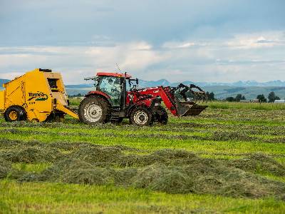 A red tractor is show harvesting hay